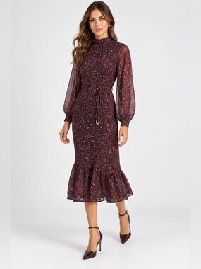 ELIE TAHARI
Garnet Vines Pleated Midi-Dress Sz L D50
